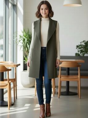 Long Sleeveless Open Front Vest in Olive Green 1X